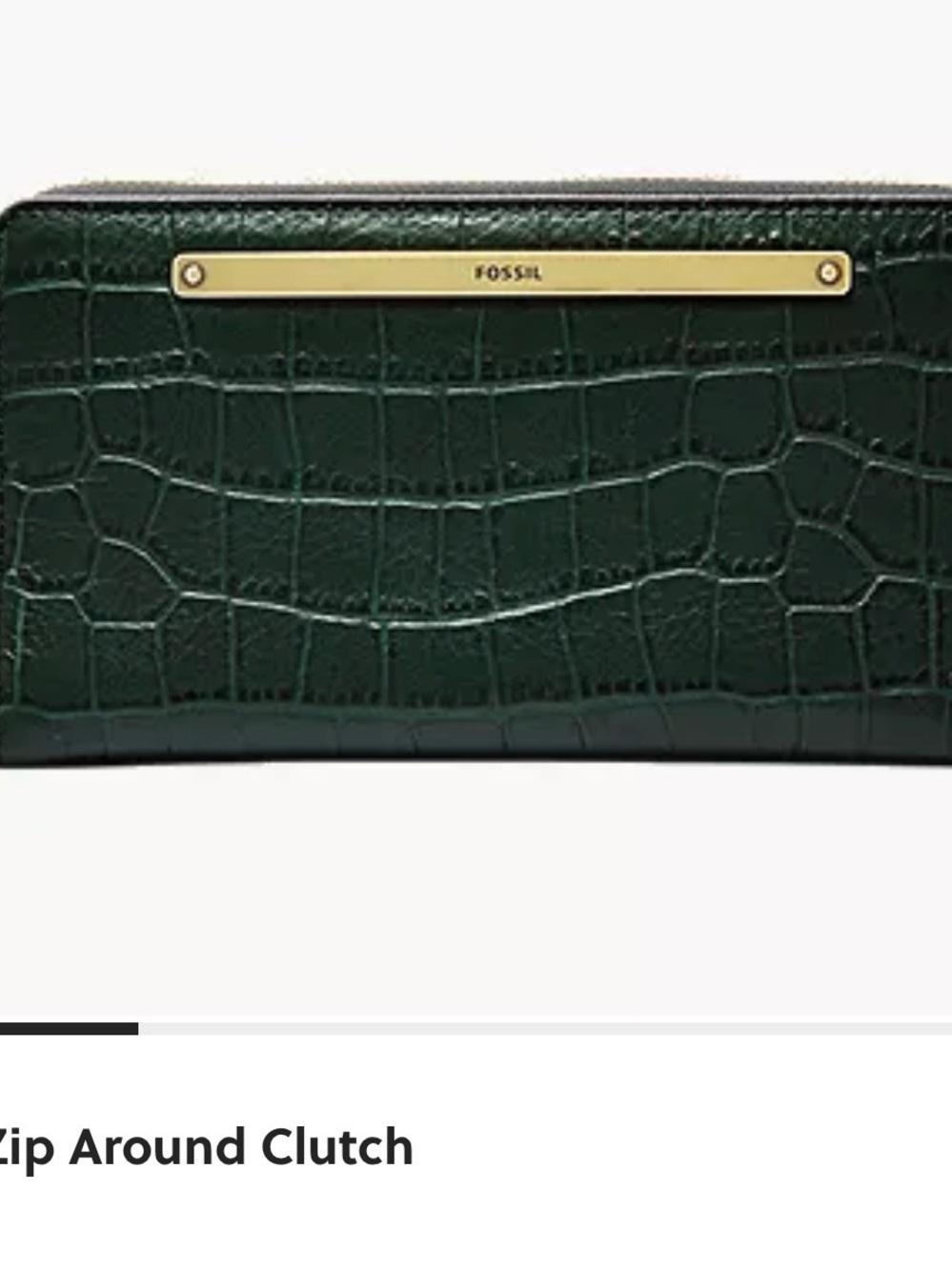 Fossil Croc-Embossed Clutch in Deep Green with Gold Accent